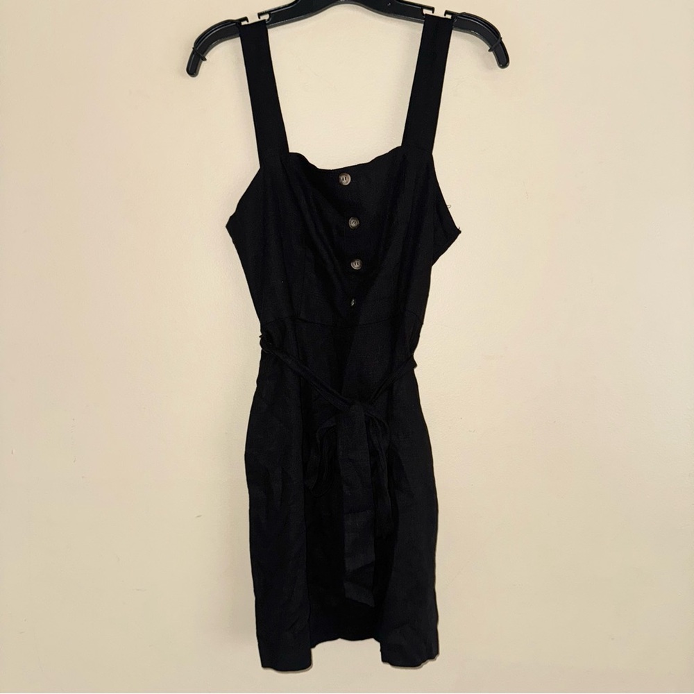 & Harmony Black Button Front Tie Waist Sleeveless Linen Blend Mini Dress M NWT!